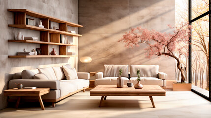 Luxury modern large spacious living room with plants, flooded with sunlight,