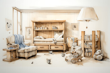 Obraz premium Boceto minimalista a lapiz y acuarela de interior de viviendas con mobiliario sencillo y sostenible