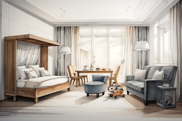 Boceto minimalista a lapiz y acuarela de interior de viviendas con mobiliario sencillo y sostenible