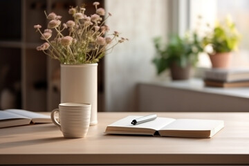 Hobbies and leisure concept. Still life background composition of plant, book, cup of tea or coffee places on table in front of the window. Natural sunlight illuminating composition on desk