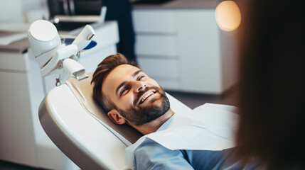 Handsome Man Receiving Dental Care in Clinic, Orthodontic Chair View - obrazy, fototapety, plakaty