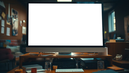 Workspace desk with pc and blank screen desktop computer in minimal office room with decorations and copy space. Mock up for advertisement,text,logo and other