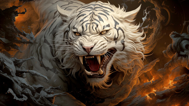 roaring tiger old Japanese art style