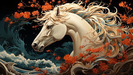 white horse old Japanese art style