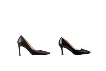 Black leather female pointy toe pump shoes isolated on light beige background