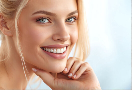 Beauty Woman Portrait. Beautiful Happy Smiling Girl With Perfect White Smile, Blonde Hair And Fresh Face Touching Her Healthy Soft Skin. Woman s Health, Skin Care Concept. High Resolution Image