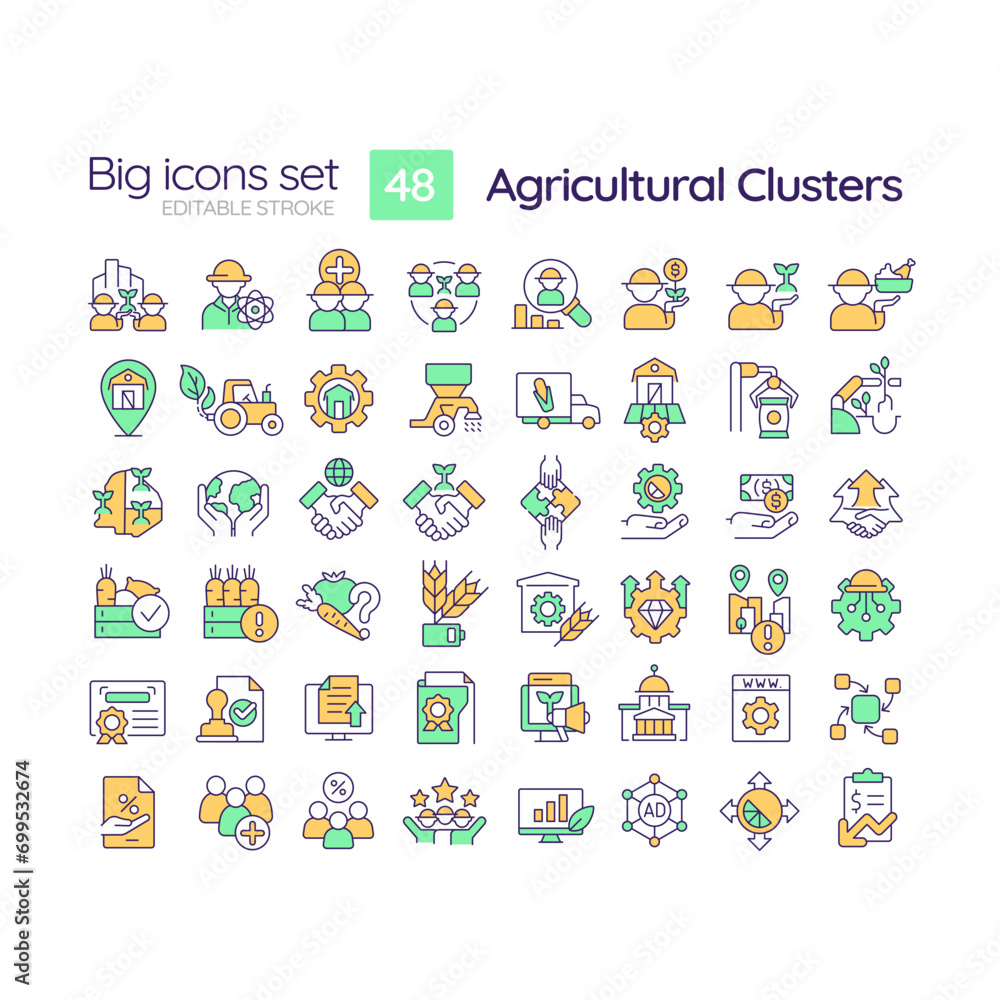 Poster 2d editable multicolor big thin line icons set representing agricultural clusters, isolated simple v