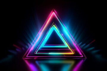 Abstract neon triangle on space background with colorful reflections. Innovative lighting design. Generative AI