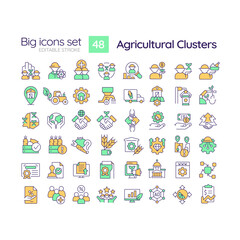 2D editable multicolor big thin line icons set representing agricultural clusters, isolated simple vector, linear illustration.