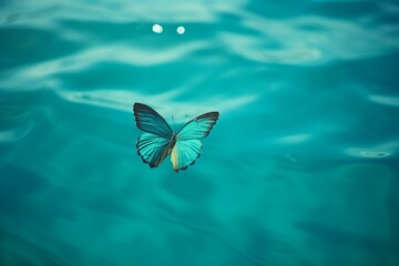 Fototapeta na wymiar A turquoise butterfly floating above the ocean. Generative AI