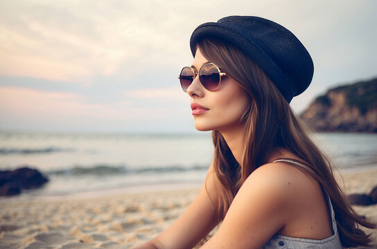 Fashion portrait of young hipster woman with hat and sunglasses on the beach at sunset, retro style color tones