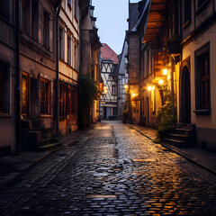 A quiet alleyway in a historic European city.