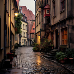 A quiet alleyway in a historic European city.