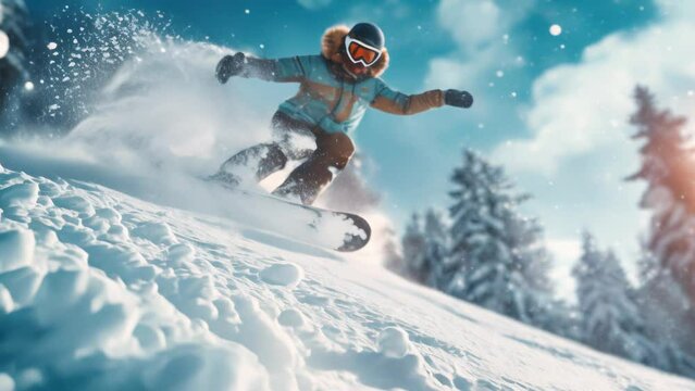 Snowboarding in the mountain slow motion extreme sport advertisement animation