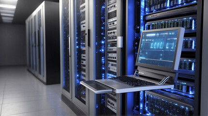 Rackmount LED console in server room data center - 3d illustration - obrazy, fototapety, plakaty