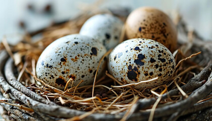 Obraz premium Bird nest in a tree in the forest. Colorful nature spring with leaves and colorful eggs,Bird nest on branch with Easter eggs for Easter design/ Baby bird nesting copy space