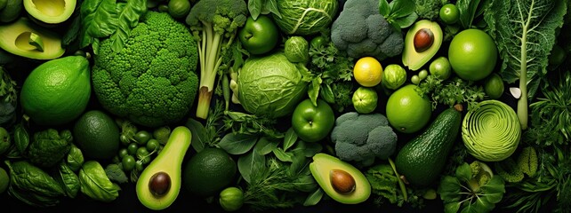 Green fruits and vegetables for healthy diet, top view. Clean eating concept