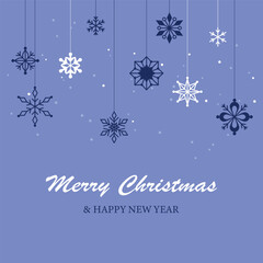 Christmas card with decorations from snowflakes, stars. Merry Christmas Happy New Year. Holiday greeting card or invitation.