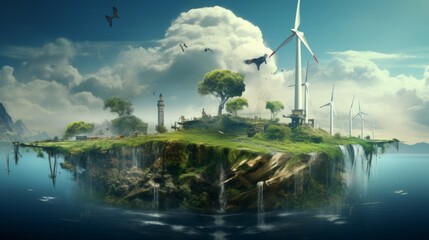 Wind turbines are alternative electricity sources the concept of sustainable resources People in...