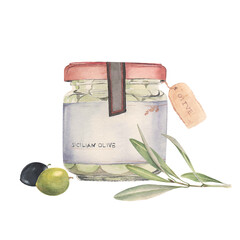 Watercolor illustration with glass jar of olives and olive branch