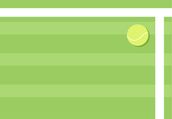 Aerial view of green tennis court with a tennis ball. Flat style. Horizontal composition, vivid colors. Tennis related promotion banner or event. Place for text.