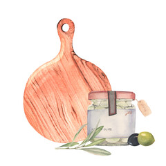 Watercolor illustration with glass jar of olives and wood cutting board