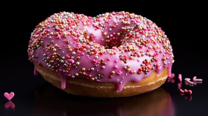 Round doughnut with heart-shaped sprinkles, dessert in sweet pink glaze on a dark background. Sweet dessert.