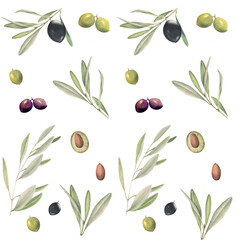 Watercolor seamless pattern with olive branches