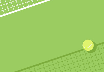 Aerial view of a green tennis court with a tennis ball and net. Outdoor sports and activities banner. Tournament game promotion background. Horizontal composition. Place for text.