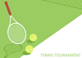 Green tennis court with a tennis ball, racket. Shade of tennis net. Perspective of a tennis equipment. Place for text. Horizontal composition.