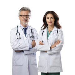 Two senior doctors in white coat and stethoscope standing with crossed arms and looks at camera