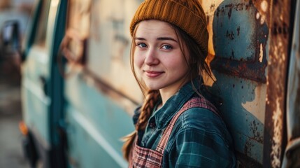 Portrait of Young Female Tradeswoman Smiling by Van at Work Site