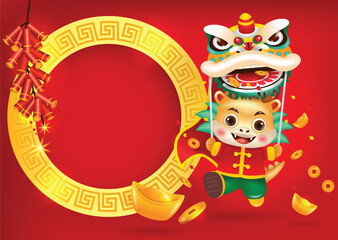 Happy 2024 Chinese New Year, Year of the Dragon, Cute dragon performs a lion dance.