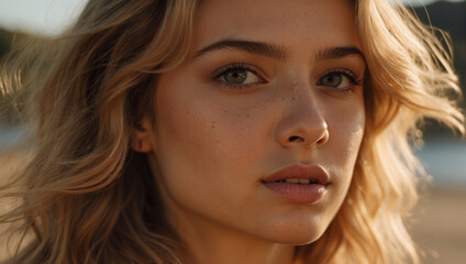 Naklejka premium Portrait of a beautiful young french woman at sunset 