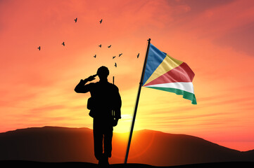 Silhouette of a soldier with the Seychelles flag stands against the background of a sunset or sunrise. Concept of national holidays. Commemoration Day. - obrazy, fototapety, plakaty