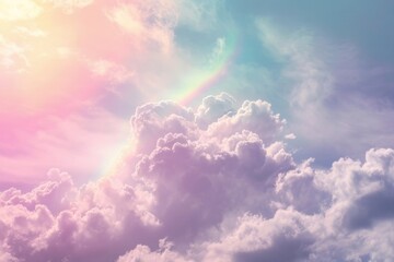 Pastel Sky: Dreamy Cloudscape Background with Sun and Rainbow Gradient