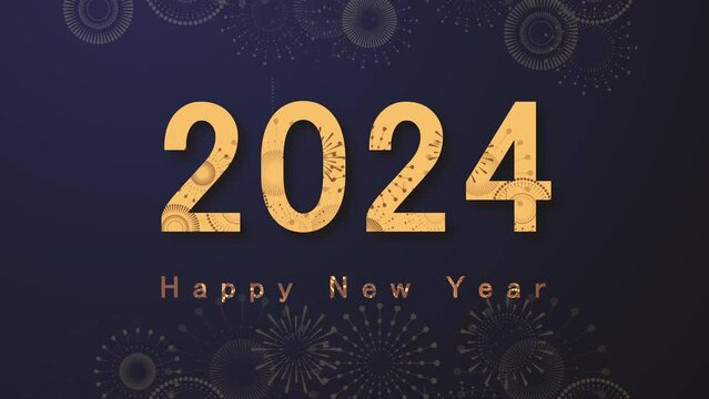 Happy New Year 2024 background with Golden fireworks bright on text 2024. 3d style abstract, geometric design. Concept for holiday decor. Seamless Loop.
