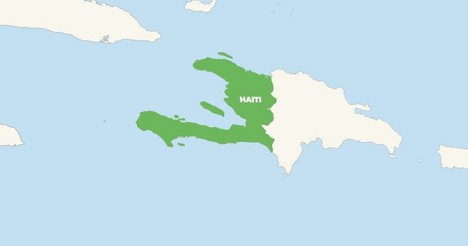 World Map Zoom In To Haiti. Animation in 4K Video. Green Haiti Territory On Blue and White World Map