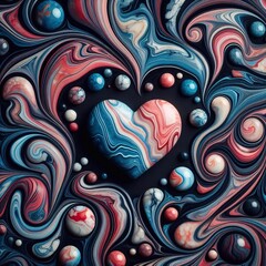 Heart shape of colorful marble stones in a dark black background. AI generated illustration