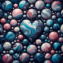 Fototapeta premium Heart shape of colorful marble stones in a dark black background. AI generated illustration