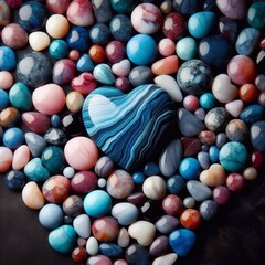 Heart shape of colorful marble stones in a dark black background. AI generated illustration
