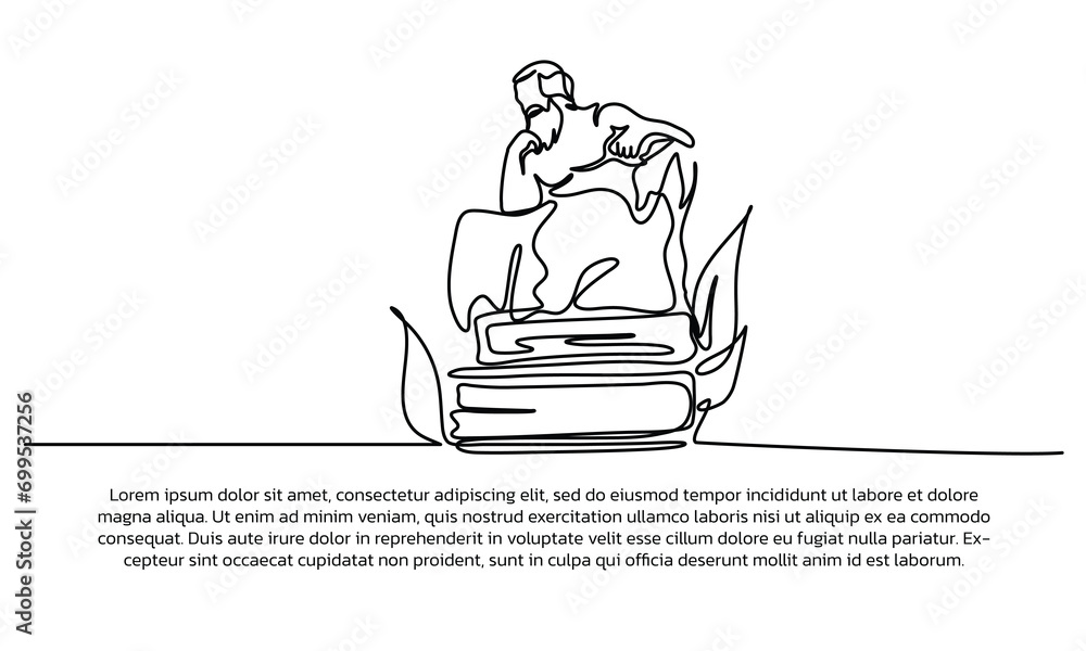 Poster continuous line design of studying philosophy with book. single line decorative elements drawn on a 