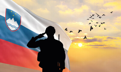 Silhouette of a soldier with the Slovenia flag stands against the background of a sunset or...