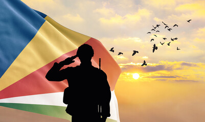 Silhouette of a soldier with the Seychelles flag stands against the background of a sunset or...