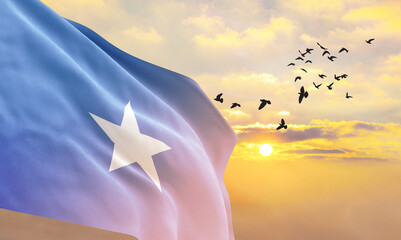 Waving flag of Somalia against the background of a sunset or sunrise. Somalia flag for Independence Day. The symbol of the state on wavy fabric. - obrazy, fototapety, plakaty