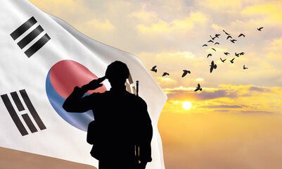 Silhouette of a soldier with the South Korea flag stands against the background of a sunset or sunrise. Concept of national holidays. Commemoration Day. - obrazy, fototapety, plakaty