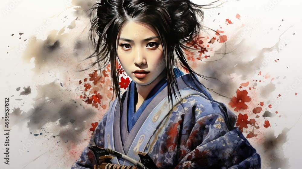 Wall mural Watercolor painting of a Japanese samurai girl warrior
