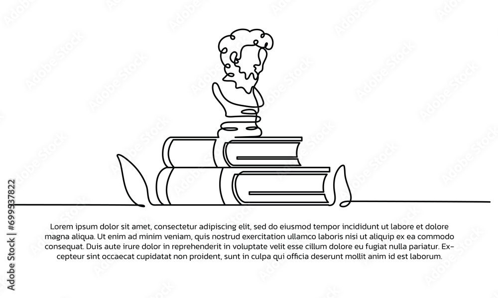 Poster continuous line design of studying philosophy with book. single line decorative elements drawn on a 