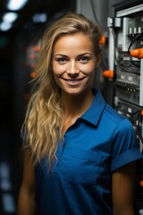 Confident electrician woman proudly standing next to a completed and well-organized electric switchboard system, Generative AI