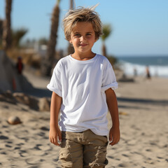A kid in a white t-shirt mockup on the beach